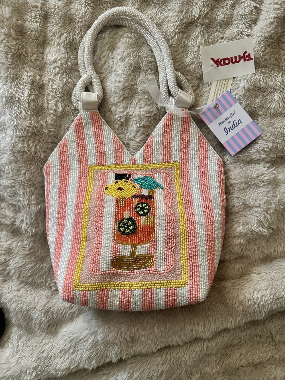 Handcrafted Pink Stripe Beaded Tote with Tropical Drink Motif